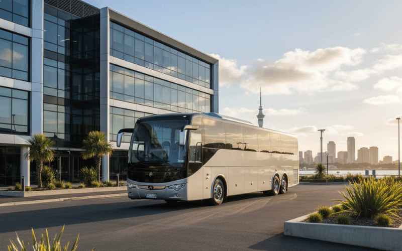 A modern executive coach hire vehicle branded with parked near a corporate office building in Auckland