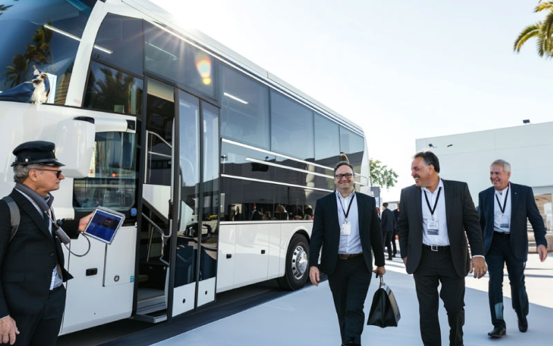 corporate employees visiting industry fair booths, VIP coach charter, July 2024, NZ