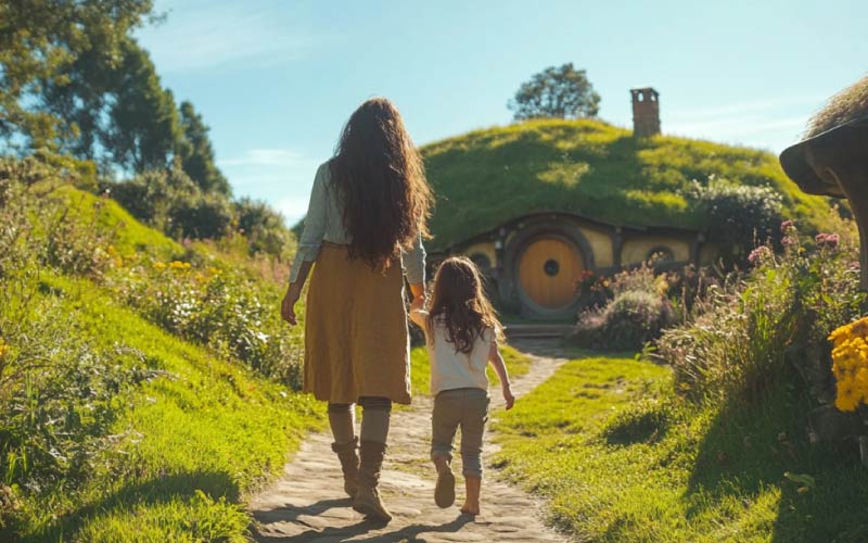 family exploring hobbiton, NZ family trips, July 2024, NZ