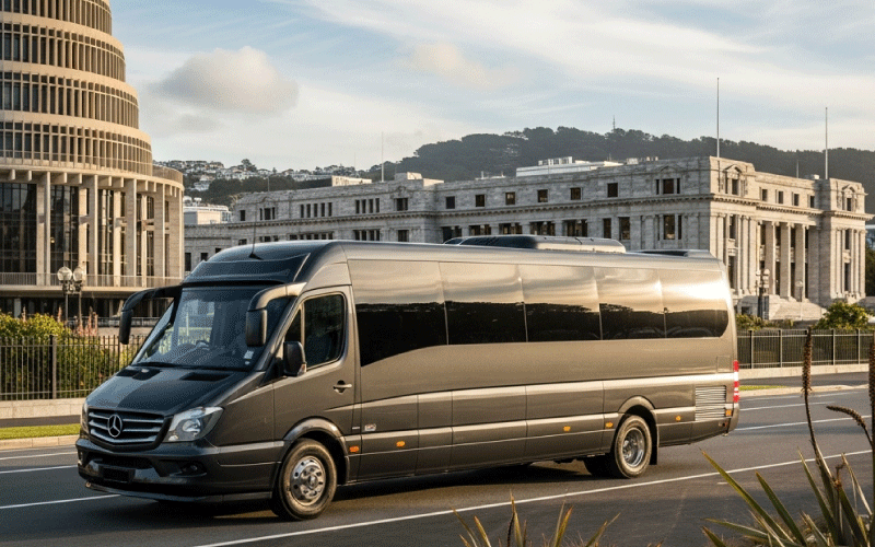 Luxury business coach parked near New Zealand’s Parliament for government transport