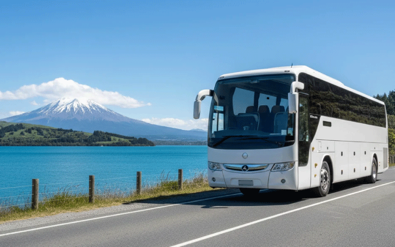 A large family group posing happily next to a modern minibus hire vehicle with a scenic New Zealand backdrop (e.g., Lake Taupō)