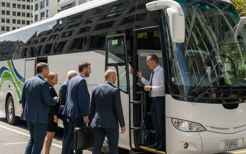 Corporate executives boarding a luxury business coach in Wellington for sustainable 2026 travel.