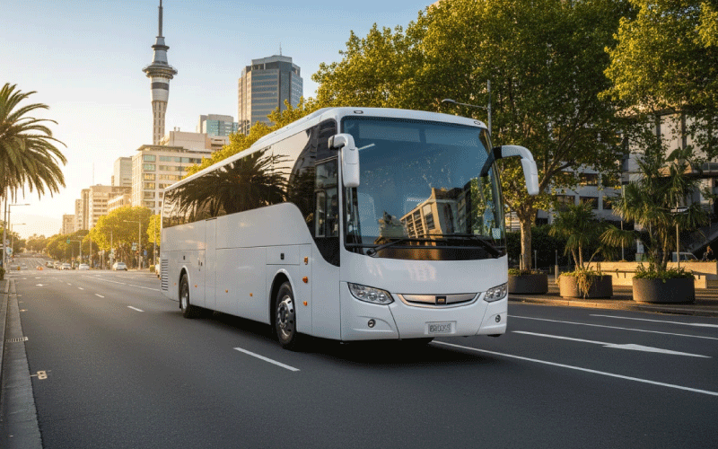 Corporate coach and staff shuttle transporting employees in New Zealand city centres