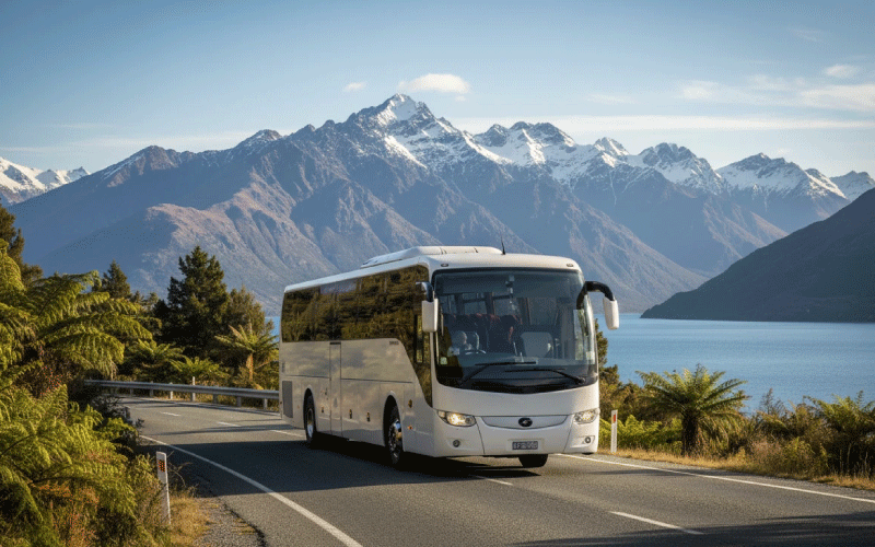 The corporate team is travelling together by coach to a business event in New Zealand