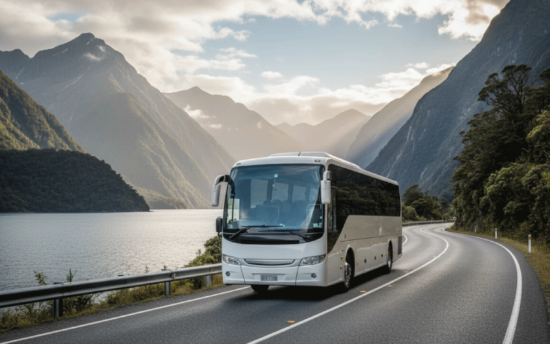 Corporate team travelling together by coach to a business event in New Zealand