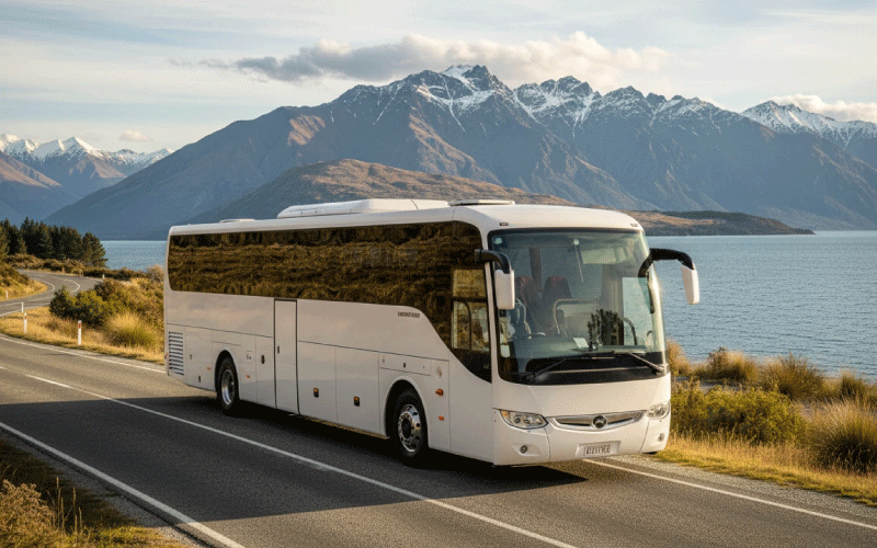 Corporate team travelling together by coach to a business event in New Zealand
