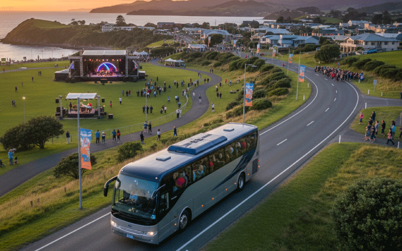 Group of New Zealanders travelling together by coach to a live music event during NZ Music Month 2026