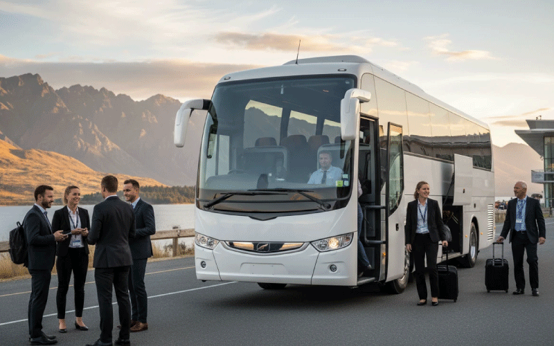 Corporate delegates boarding a luxury coach for the May 2026 Tech Summits in New Zealand