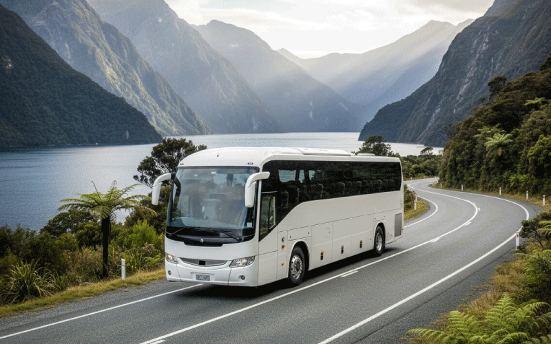 Auckland corporate skyline with professional coach transport for business groups in New Zealand