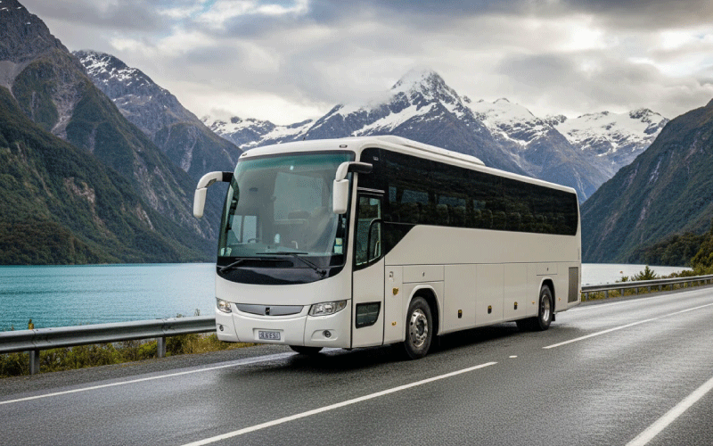 Scenic coach journey through New Zealand's breathtaking landscapes