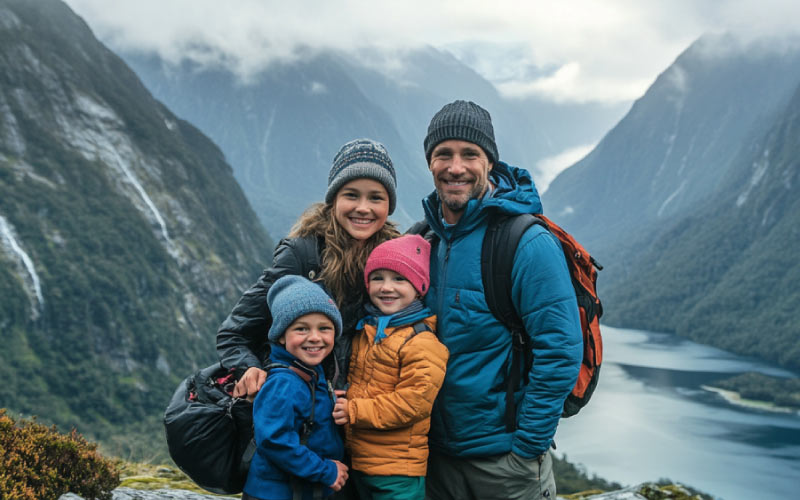 young family posing together in Fiordland, NZ national parks, August 2024, NZ