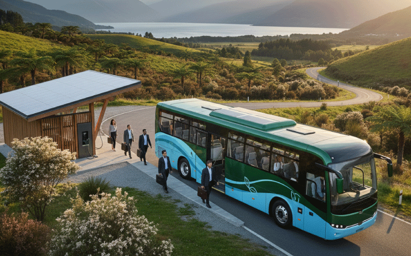 Business professionals boarding a sustainable coach for intercity travel in New Zealand