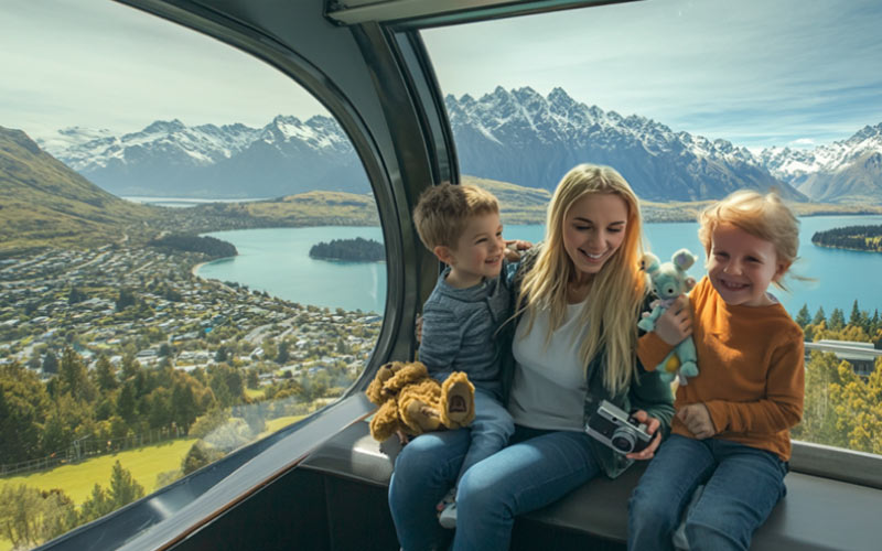 Mum with kids in Skyline gondola ride, South Island family trips, January 2025, NZ