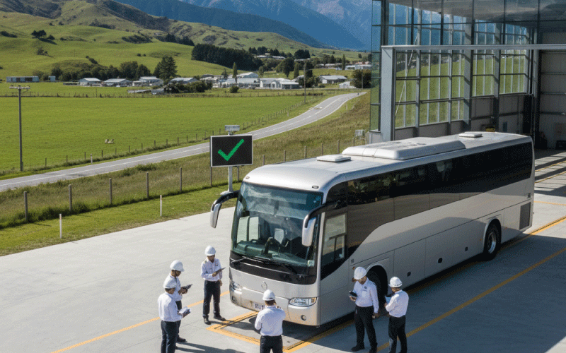 Modern charter coach in New Zealand meeting vehicle inspection standards