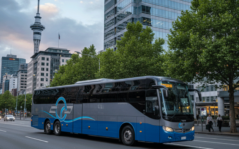 A modern executive coach hire vehicle branded with The Coach Company logo parked near a corporate office building in Auckland